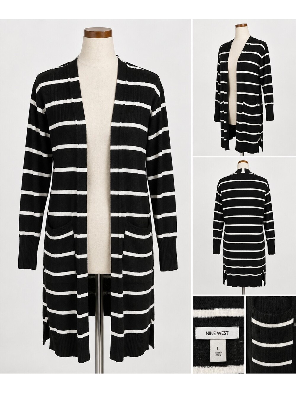 Nine West Black and White Striped Long Cardigan Sweater Size